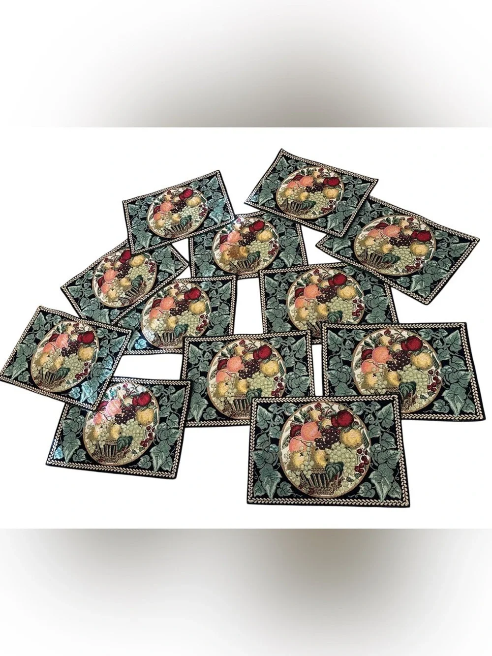 SET OF 12 TAPESTRY PLACEMENTS W FRUIT & IVY CORNUCOPIA DESIGNS W GREEN BACKING